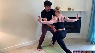 Stepson helps stepmom with yoga and stretches her pussy