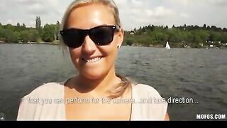 Slutty blonde Czech babe is paid cash for public sex