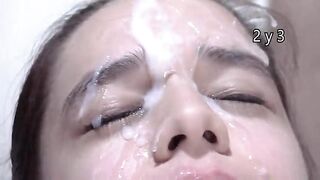 Small tits brunette covered in cum bukkake