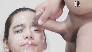 Small tits brunette covered in cum bukkake
