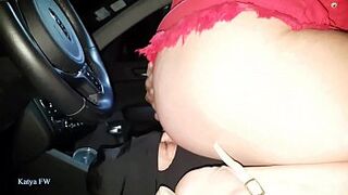 BS010619 003115 SV Katya is driving her car wearing her red mini skirt and using her slave as a human driver seat cushion