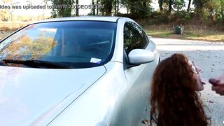 Nerdy red head gets fucked on car