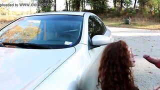 Nerdy red head gets fucked on car