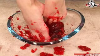 Brunette Teen plays with her feet and gets a cumshot on them