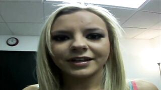 Slutty blonde wraps her lips around hard cock sucking it gently