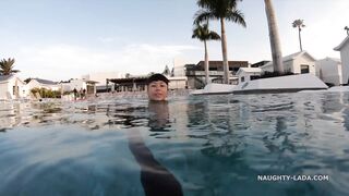 My transparent when wet one piece swimwear in public pool