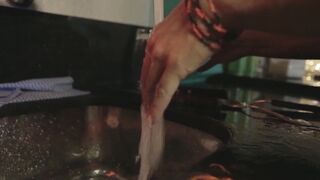 Horny housewife takes a cum porter
