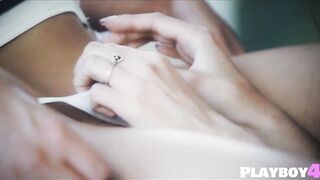 Brunette MILF and teen lesbians kissing and fingering