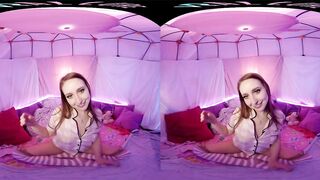 Cute blonde with big natural tits masturbates for you in VR