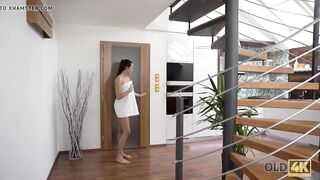 OLD4K. After shower, brunette princess makes love to old...