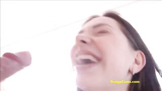 Tattooed guy cum on her face after anal sex