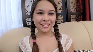 Pigtailed teen Kira Sinn eagerly taking cum facial