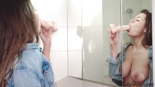 Busty Babe Pussy Fucking and Sucking Dildo in the Bathroom
