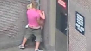 Young mate a milf get fucked against a wall in the street