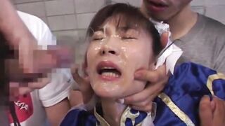 Chun-Li Cosplay Japanese Babe groped in huge bukkake gangban