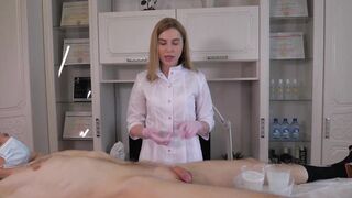 While learning how to shave, the man powerfully cum all over the place