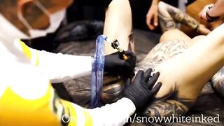 Crazy tattoo slut gets her butt hole tatted and suck 2 guys