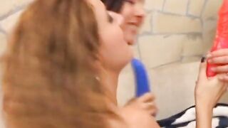 Three tight ass lesbian chicks dildoing each other's cunts