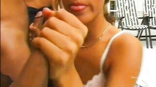 Cute brunette banged by big cocks