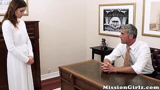 Mormon elder inspects virgin pussy before fingerfucking her