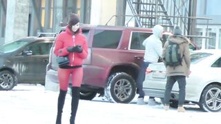 Red Tights. Jeny Smith public walking in tight seamless red pantyhose (no panties)