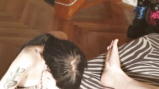 Sexy slim sub slut licks clean her Daddy's unwashed feet pt2