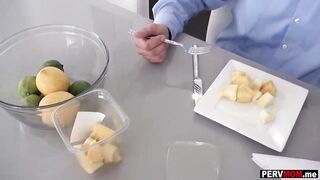Skinny stepmom blowjob during breakfast in front of stepdad