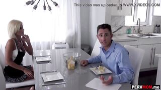 Skinny stepmom blowjob during breakfast in front of stepdad
