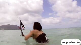 Curvy hot babes kite surfing while naked
