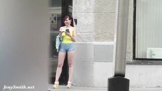 Jeny Smith walks in public with transparent shorts. Real flashing moments