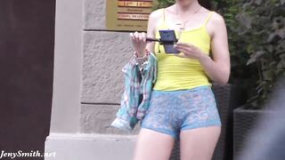 Jeny Smith walks in public with transparent shorts. Real flashing moments