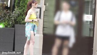 Jeny Smith walks in public with transparent shorts. Real flashing moments
