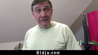 Nasty cute teen playing with old dick and balls