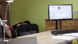 Long-haired brunette Inga comes to a small loan company