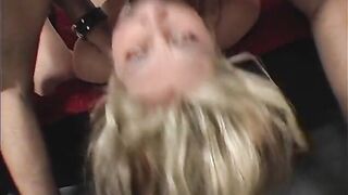 Slutty blonde gets gang banged by three hunks and gets facial
