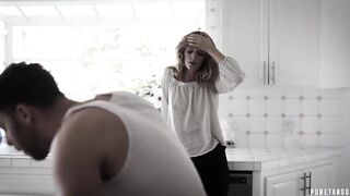 Horny blonde MILF caught her stepson fucking with his girlfriend on a couch and decided to joined them in a hot threesome session.