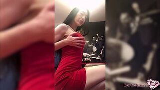 Hot Brunette Sucking Big Dildo and Fisting Anal in the Red Dress