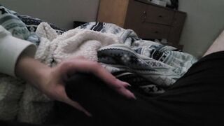 teen rubs cock through boxers for huge cumshot