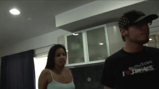 Latina Busty ebony Amina gives blowjob and fucks with Dane