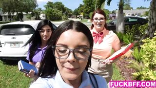 Nerd with a huge cock gets sucked and fucked by three teen BFFS