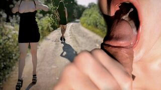 horny wife WALKS NAKED in heels OUTSIDE the city, SUCKS dick in the bushes and gets Cum in Mouth, ALICExJAN