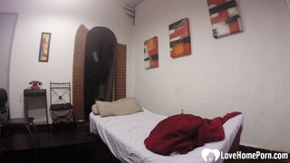 Horny stepsister masturbates on her brother's bed