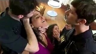 three guys on two young women