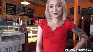 Petite waitress Dakota Skye wants customers cum in mouth