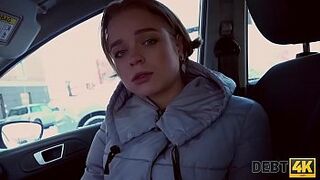 Debt4k. Hottie Calibri Angel blows agent in his car and has anal with him sex indoors