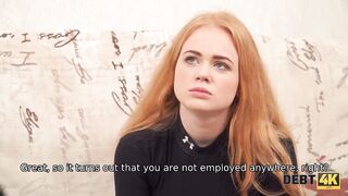 DEBT4k. Impressive redhead gives a head and gets fucked for TV set