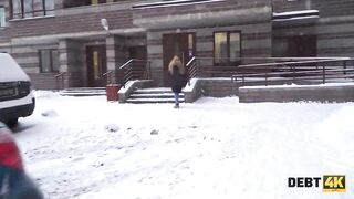 Debt4k. Redhead knows how to calm down credit brokers through sex