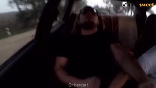 Girl jerks off a guy and masturbates herself while driving in public (talk)