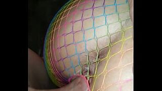 Wife gets creamy pussy fucked doggy in fishnet lingerie