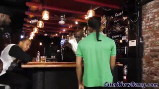 Busty blonde blowbangs black dicks